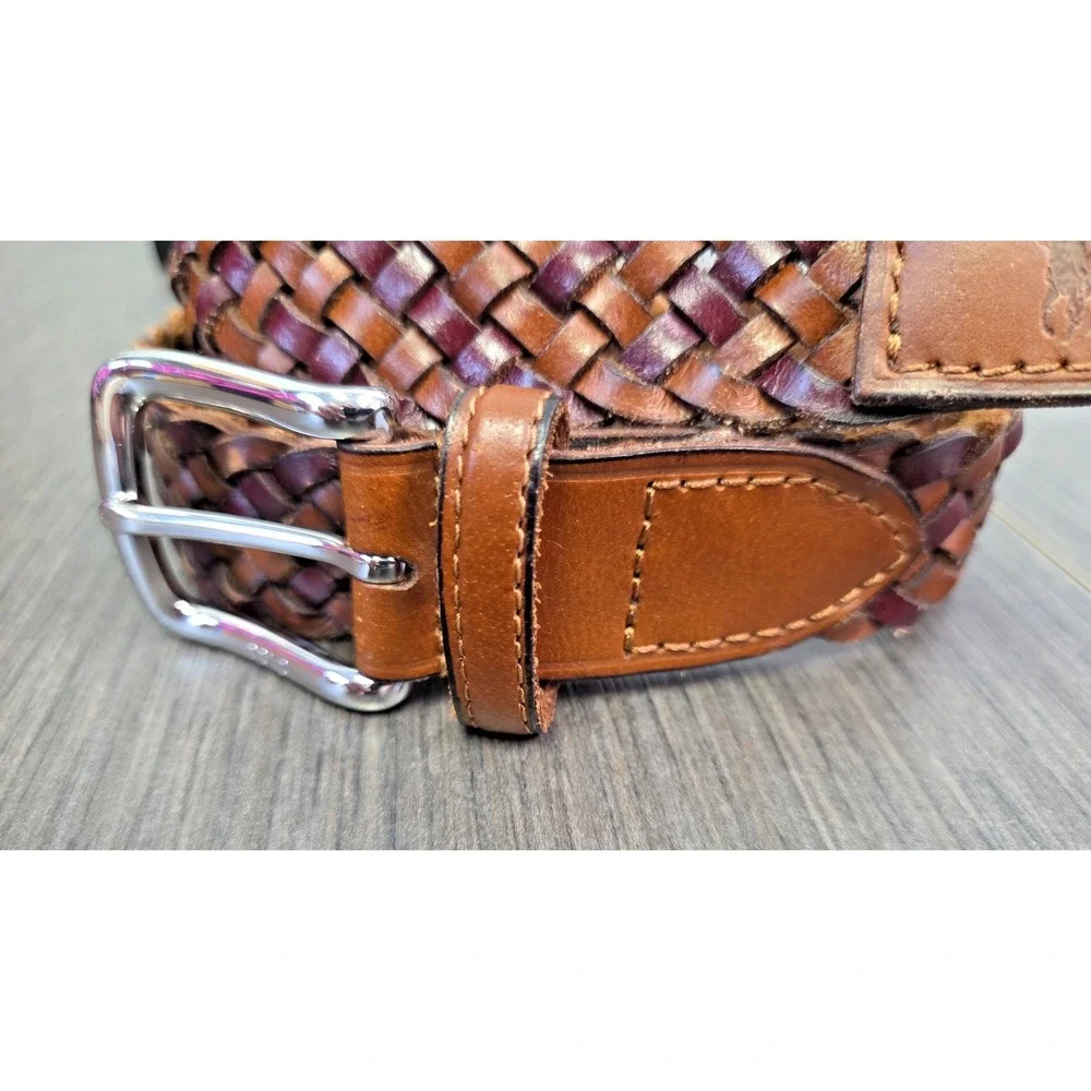 Polo Ralph Lauren Mens Braided Vachetta Leather Belt 32 Brown Silver Buckle LOGO